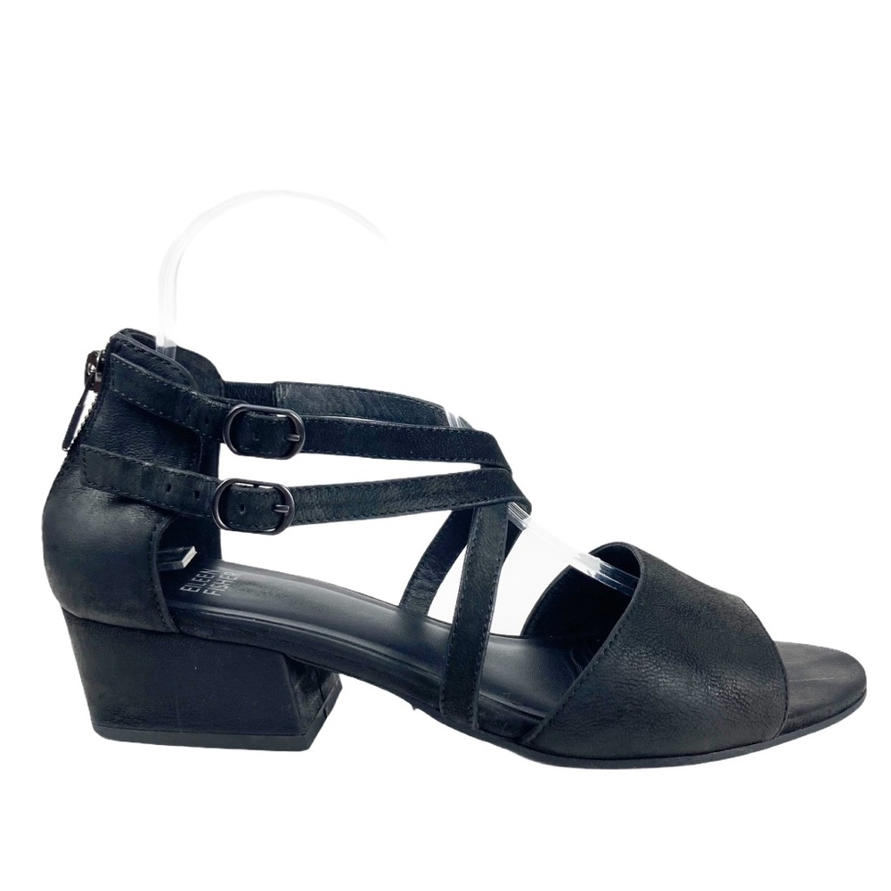 EILEEN FISHER Strappy Block Heel Black Leather 8.5